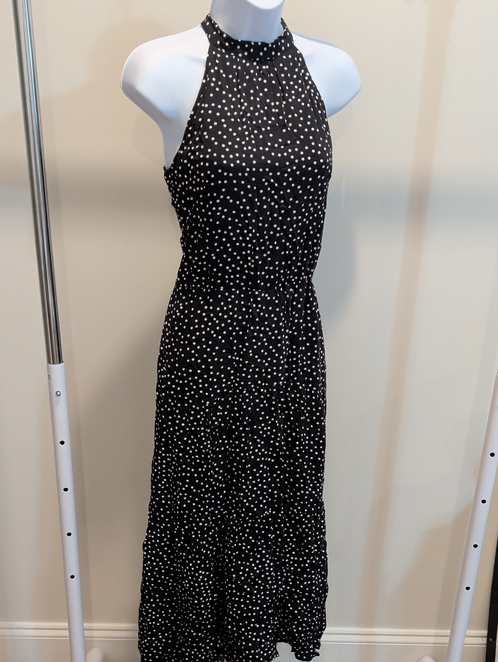 Sleeveless Black & White Halter Polka Dot Maxi Dress